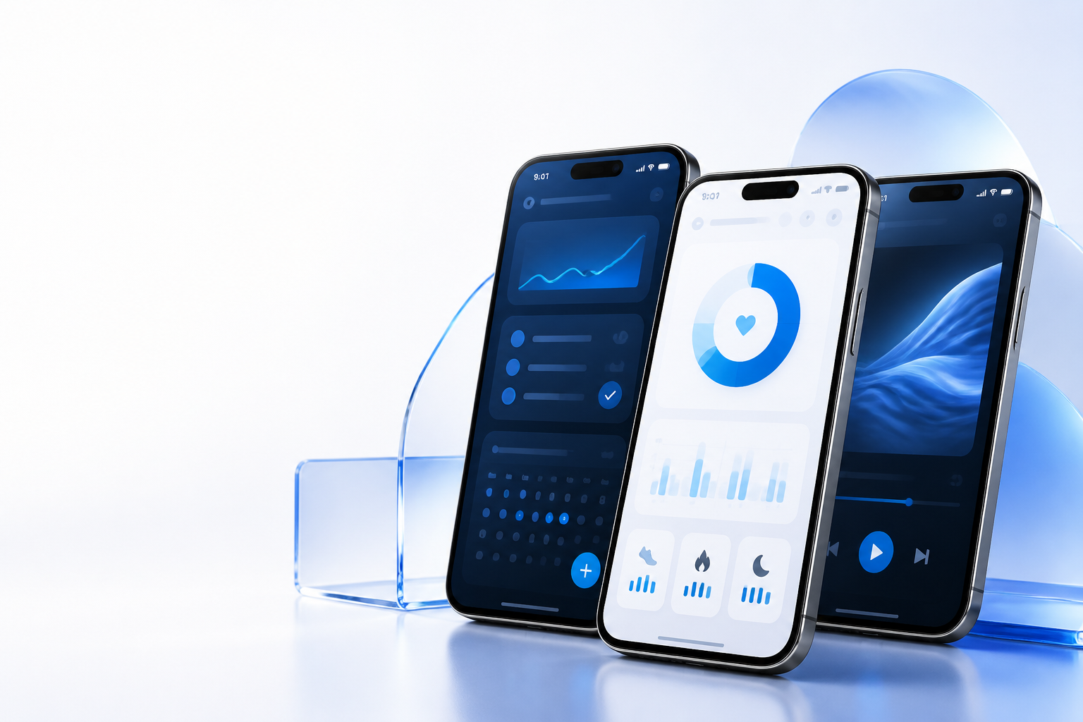 A collection of modern smartphones displaying blue app interfaces