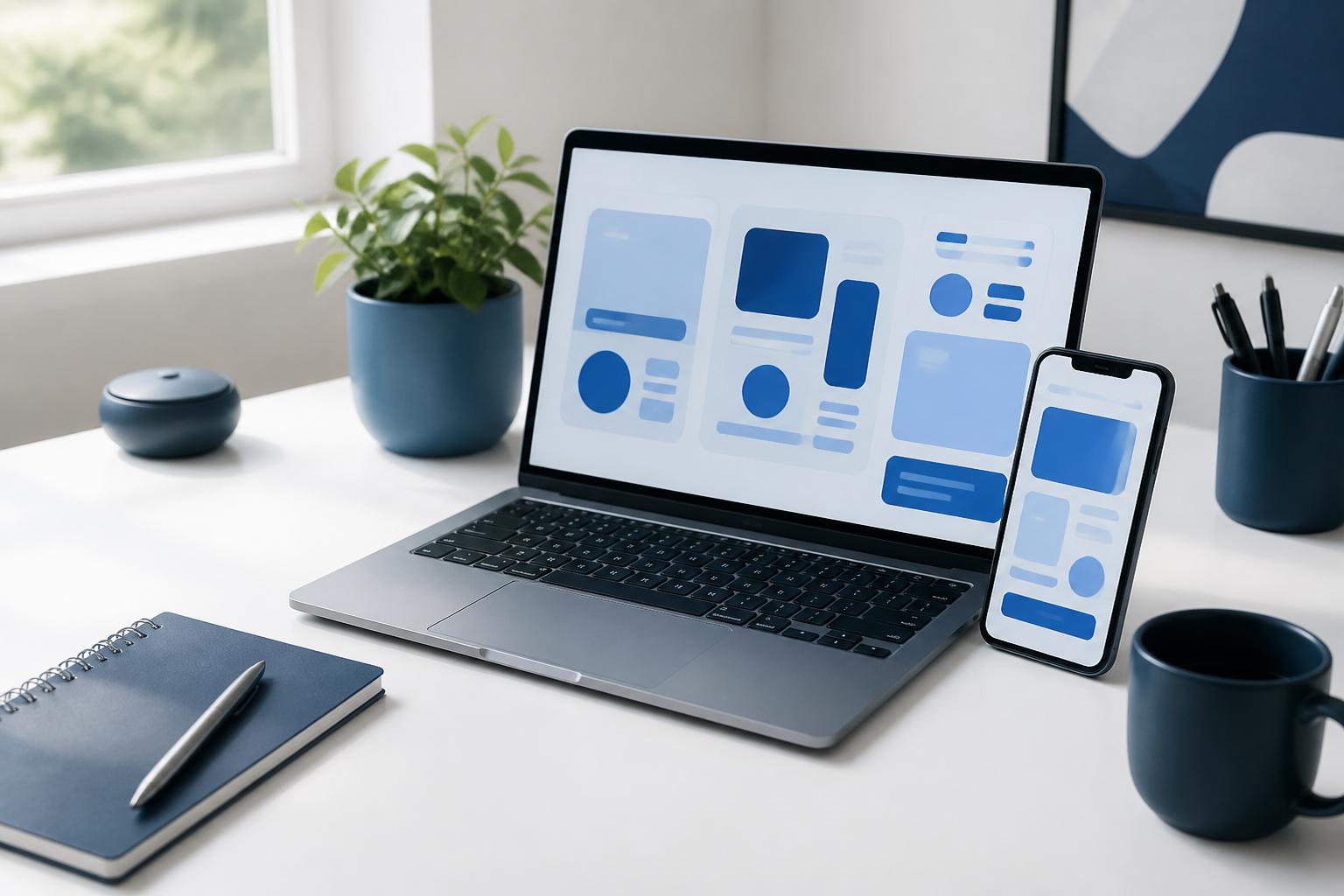 A bright software design workspace with a laptop and smartphone