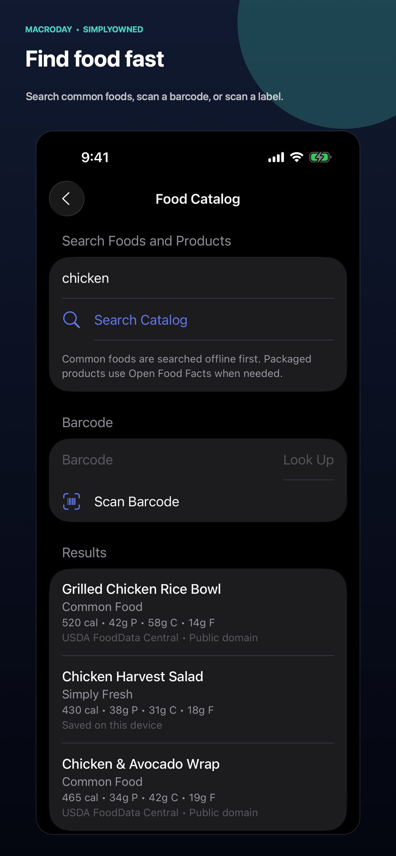 MacroDay Find food screen